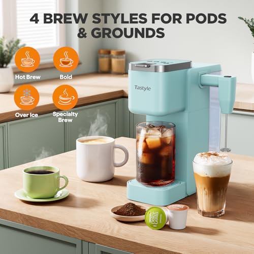Image of Tastyle 330MF Single Serve Coffee Maker with Built-in Detachable Milk Frother, Iced and Hot Coffee Machine for K Cup & Grounds, 40oz Removable Water Reservoir, 6 Cup Sizes, Fits 7.3 inch Travel Mug, Teal