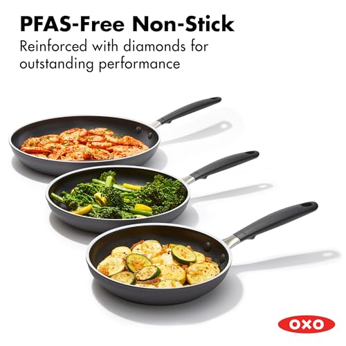 Image of OXO 3-Piece Nonstick Frying Pan Set (8 inch, 10 inch, 12 inch), PFAS-Free Ceramic Skillets, Dishwasher & Oven Safe, Stay-Cool Silicone Handle