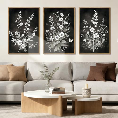 Framed Black & White Floral Wall Art Set of 3 (16x24) by TUYA