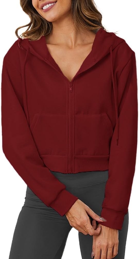 LOFAAC Women Fleece Full Zip Up Cropped Hoodie Sweatshirt 90s Long Sleeve Drawstring Hooded Crop Jacket Top with Pockets - Image 7