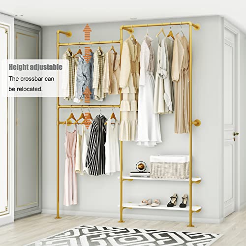 KaKaBB-Gold-Pipe-Clothing-Rack-Clothes-Rack-for-Wardrobe-Bedroom-and-as-walk-in-Closet-System-Double-Hanging-Rods-Clothes-Rack-with-ShelvesHeavy-Duty-Clothes-Rack-Wall-MountedGold