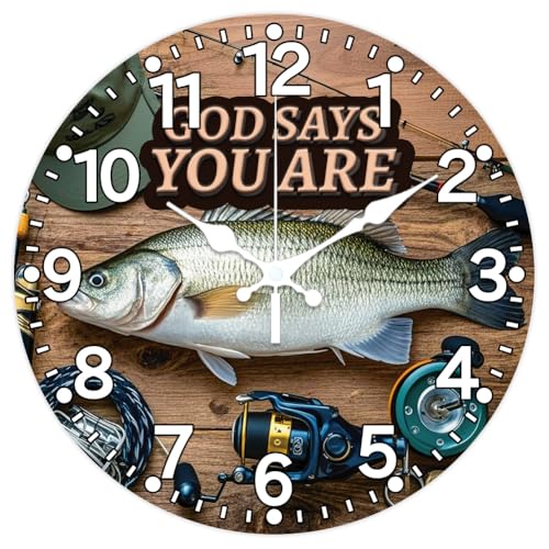 CHGCRAFT Reloj de pared con patrón de cañas de pescar, reloj de pared de 12 pulgadas, reloj redondo para colgar en la pared, funciona con pilas, para dormitorio, sala de estar, cocina y oficina