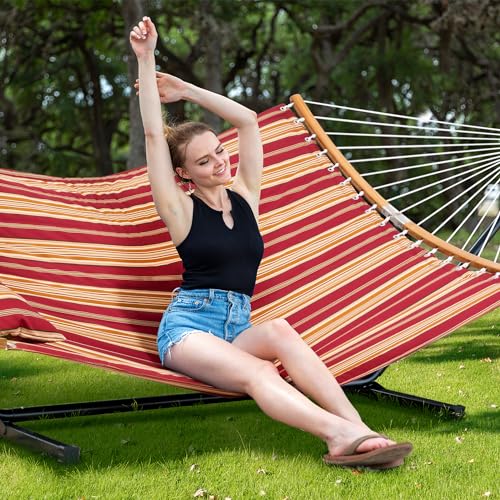 Image of SUNCREAT Hammocks Portable Hammock with 12 ft Stand Included, Double Hammock with Curved Spreader Bar, Red Stripes