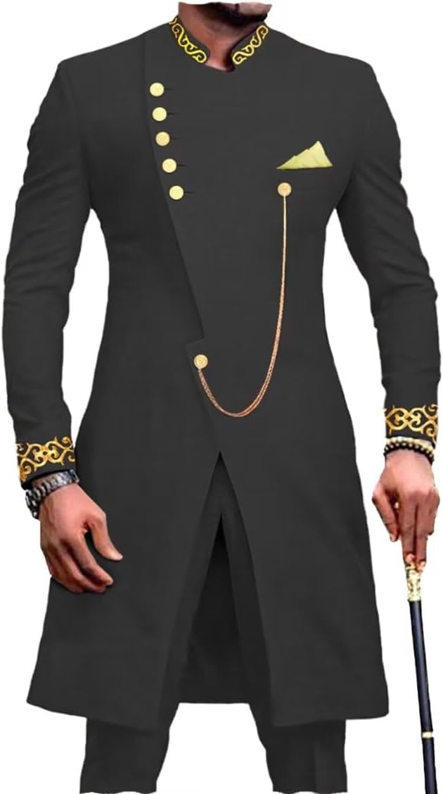 African Clothes Men`s Suit 2 Piece Set Ankara Embroidery Blazer Jacket and Pants Slim Fit Dashiki Outfit