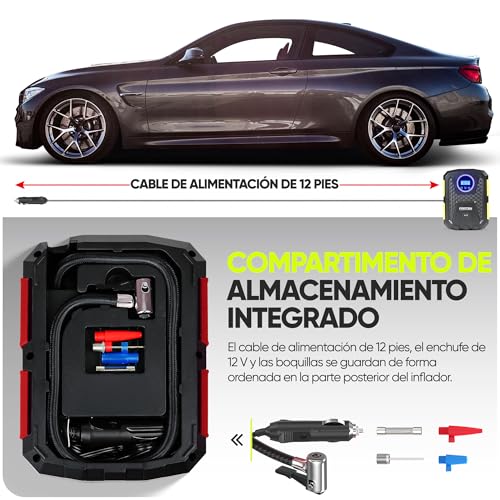 FORTEM Inflador de Ruedas de Coche, Compresor de Aire - Compresor de Aire Portátil para Ruedas de 12 V con Luz LED - Manómetro Digital, Autobombeo, Parada Automática - Bolsa de Transporte (Rojo) - imagen 3