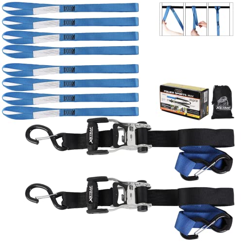 Xstrap 2Pk Heavy Duty Motorcycle Ratchet Tie Down Straps, 1.5" X 6' Safety Clip Hooks & Soft Loops + 8Pk 1-1/16 X 18 Inches Soft Loop Tie-Down Straps #TOP26