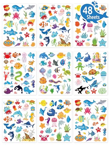 LINAYE 48 Sheets Ocean Stickers for Kids 1040 Pcs Waterproof Under The Sea Fish Animal Stickers Ocean Under The Sea Party Favors Decorations Crafts for Kids