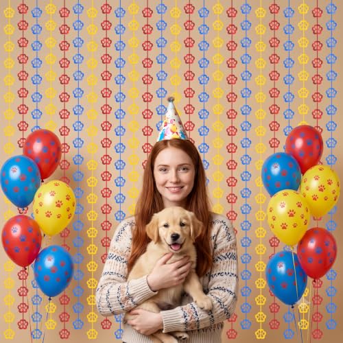 Image of TONIFUL 2Pc Blue Red Yellow Paw Cutouts Metallic Tinsel Foil Fringe Curtain | 3.3ftx6.6ft Photo Booth Backdrop Door Tinsel Streamers, Props for Dog Birthday Baby Shower Puppy Party Decorations