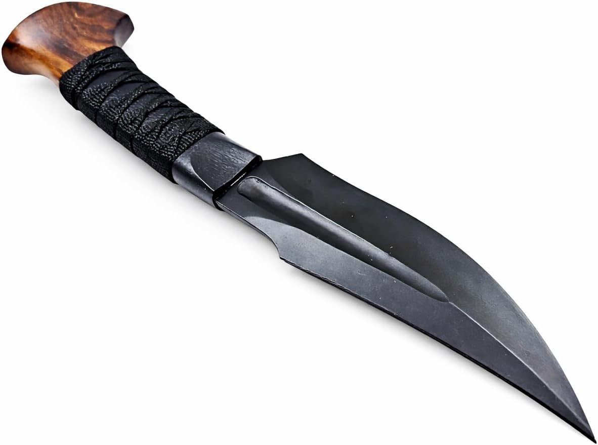 Hand Forged Spring Steel Hunting Knife with Leather Sheath – Fixed Blade Bushcraft Knife, Rosewood Handle, Skinning, Camping & Outdoor Survival Knife