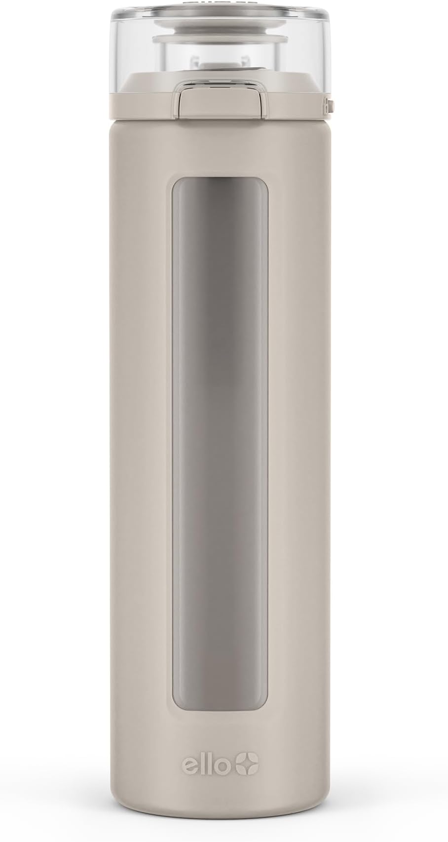 Syndicate 20oz Reusable Glass Water Bottle with One-Touch Leak Proof Flip Lid, Protective Non-Slip Silicone Sleeve, Carry Loop for Coffee, Tea and Water, BPA-free, Dishwasher Safe, Sand