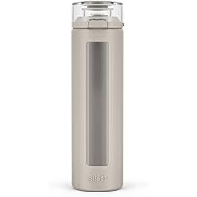 Ello Syndicate 20oz Reusable Glass Water Bottle with One-Touch Leak Proof Flip Lid, Protective Non-Slip Silicone Sleeve, Carry Loop for Coffee, Tea and Water, BPA-free, Dishwasher Safe, Sand