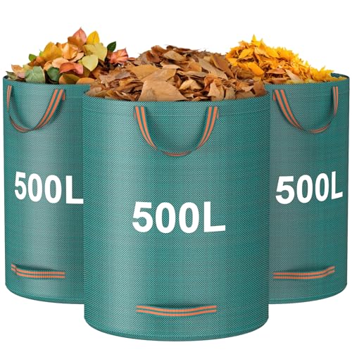 Mokani Lot de 3 sacs à déchets de jardin, 500 L, très résistants avec poignées, sacs de jardin réutilisables, sacs de recyclage pliables pour feuilles,...