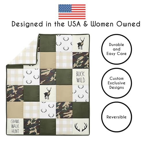 Image of Sweet Jojo Designs 4-Piece Baby Crib Bedding Set (Woodland Camo Deer) for Boys, Infants /Nursery incl. Blanket, Fitted Sheet, Skirt, Diaper Stacker (Forest Green, Camouflage, Rustic, Stag, Beige Plaid)