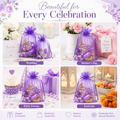 Image of Hopttreely Purple Organza Bags 4x6 in, 50PCS Drawstring Organza Bags, Sheer Mesh Jewelry Pouches, Lavender Wedding Party Festival Gift Bag Candy Pouches for Mother's Day, Party Favors