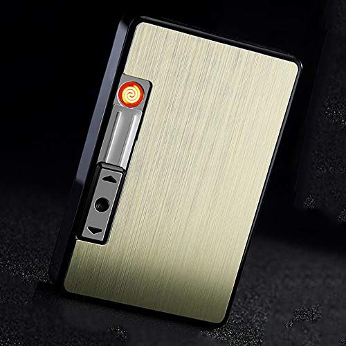 ALHJ Zigarettenetui Mit Feuerzeug, 2 In 1 Feuerzeug Winddichte Flammenlose Zigarettenbox Feuerzeug,Zigarettenschachtel Mit USB Aufladbar Zigarettenschachtel,Gold Cover