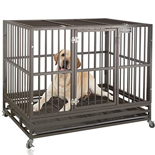 Heavy Duty Dog Crate Strong Metal Pet Kennel Playpen on Lockable Wheels, Large Dog Cage Steel with Prevent Escape Locks…