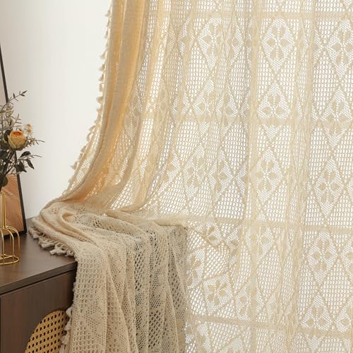 RUIXUAN Gardinen Vorhänge mit Kräuselband beige Gardine mit Quaste Boho Vorhang Häkeln Stricken kräuselband Wohnzimmer Modern Voile Schienensystem Schlafzimmer Curtains 2er Set 150 * 230cm