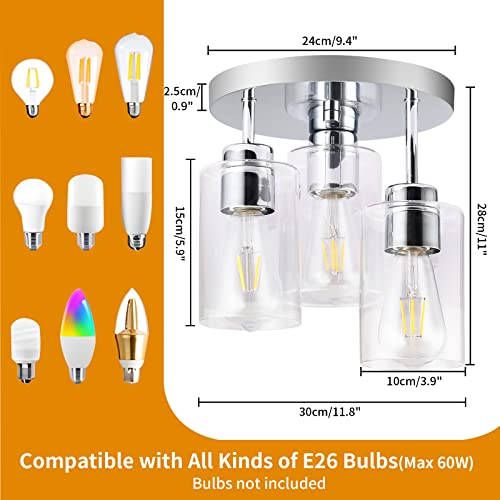 Foucasal QLXDD0068C Semi Flush Mount Ceiling Light 3-Light Chrome Flush Mount Ceiling Light Fixtures With Clear Glass Shade, Modern Kitchen Ceiling Light For Bedroom Stairs Porch Hallway Entryway, E26 Socket thumb #4