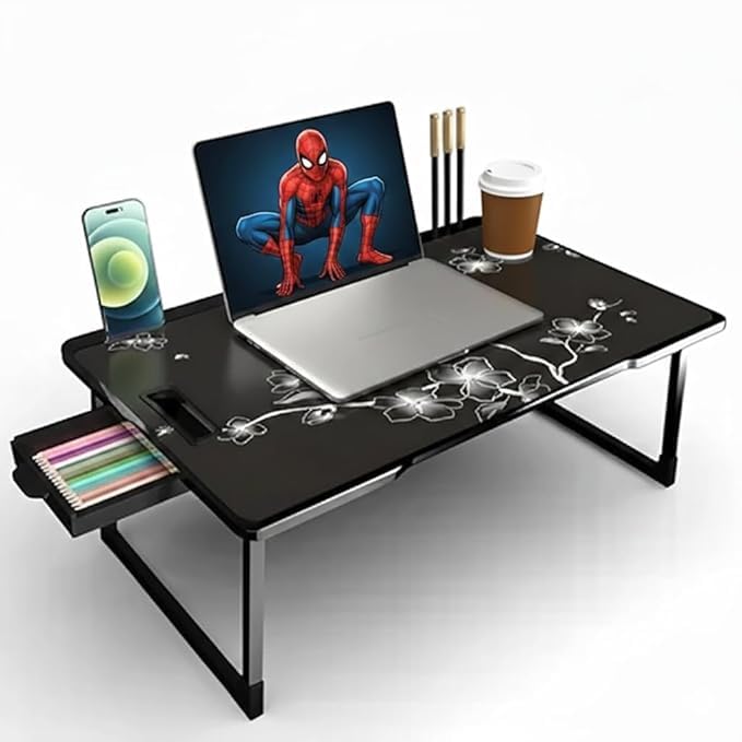 Image of Wood Smart Multipurpose Foldable Laptop Table with Cup Holder, Study Table, Bed Table, Breakfast Table, Foldable and Portable /Ergonomic & Rounded Edges /Non-Slip Legs (Flower)