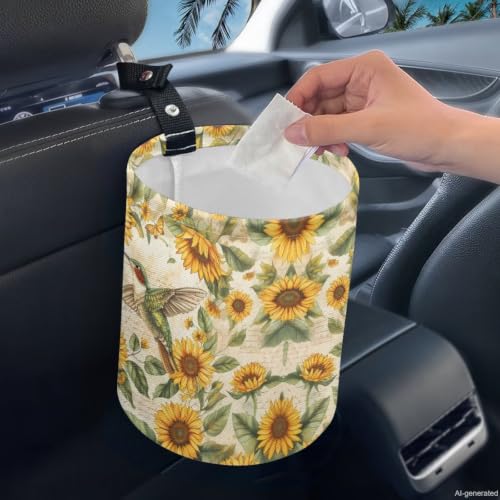 Image of Hummingbird Sunflower Car Trash Can Portable Dustbin Bin Waste Basket Car Accessories Interior for Front Seat, Back Seat, Floor, Headrest
