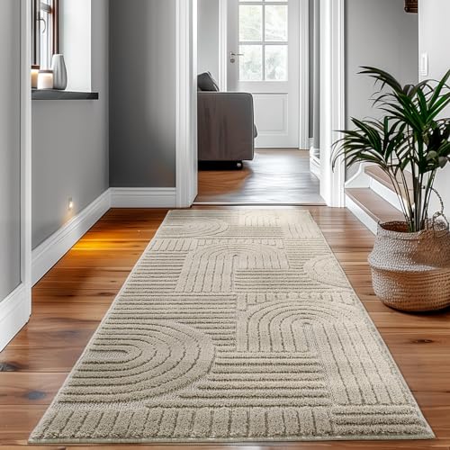 SIMPEX Hochflor Teppich Wohnzimmer Küchenteppich Schlafzimmer Beige Läufer Flur Skandi Boho...