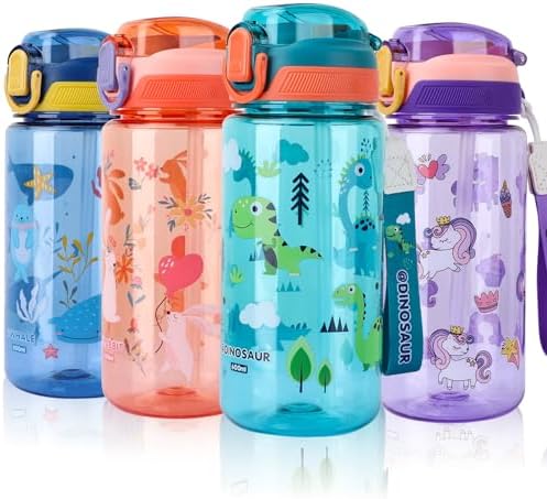 SUPPRUI Trinkflasche Kinder, 600ml Kindertrinkflasche mit Strohhalm, BPA-freie Kinder-Wasserflaschen, Sportwasserflasche mit Auslaufsicherem Flip-Top-Deckel für Mädchen und Jungen