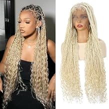 ROSEBONY 36" Boho Knotless Braided Wig for Black Women Double Full Lace Box Braid Wig with Baby Hair Bohemian Curly Ends Golden Yellow Blonde Color 613 blonde