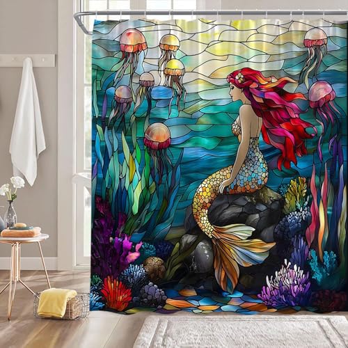 Stained Glass Mermaid Shower Curtain Vintage Blue Ocean Underwater World Cute Mermaid Jellyfish Coral Nautical Fabric Bathroom Decor Curtain with Hooks,70X70(WXH) Inches