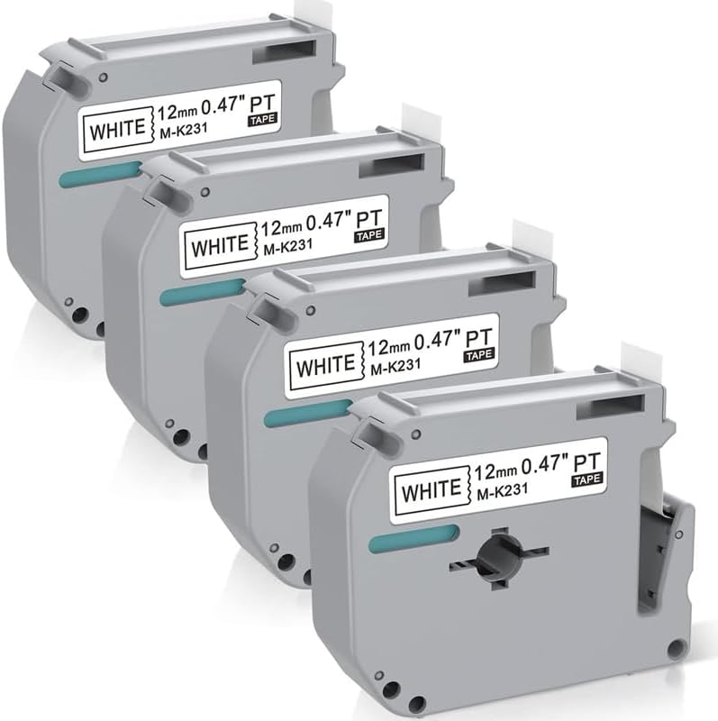 4-Pack M-K231 White Label Tape 12mm (0.47'') Replacement for Brother P-Touch MK231 MK231s M231 Refills Compatible with PT-M95/PT-90/PT-70/PT-70BM/PT-85/PT-80/PT-65/PT-60/PT-45