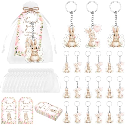 Serencatcher 24 Sets Rabbit Bunny Party Favors, Pink Floral Bunny Acrylic Keychains Thank You Tags Organza Bags for Girls Easter Rabbit Birthday Baby Shower Party Decorations Supplies