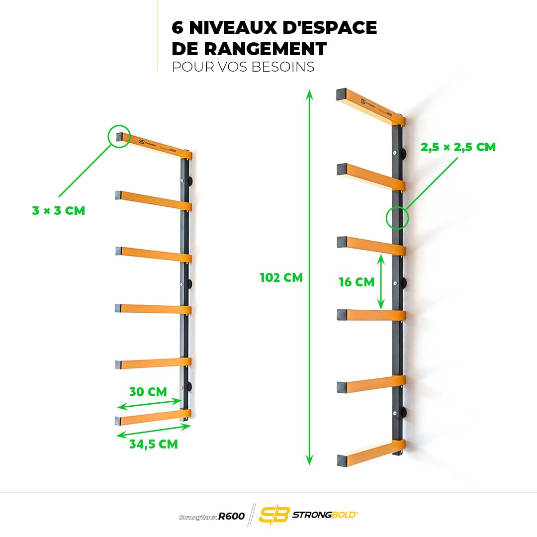 StrongRack R600 Étagère Murale Charge Lourde | Rangement Garage et Atelier à 6 Niveaux | Support Mural pour Bois, Skis et Organisateur d'Outils de Jardin