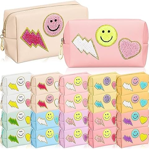 Sanwuta 20 Pieces Preppy Patch Makeup Bag Bulk Chenille Letters Bags PU Leather Aesthetics Cosmetic Organizer Smile Lightning Heart Toiletry Pouch Portable Waterproof Zipper Storage Purse for Women Cover