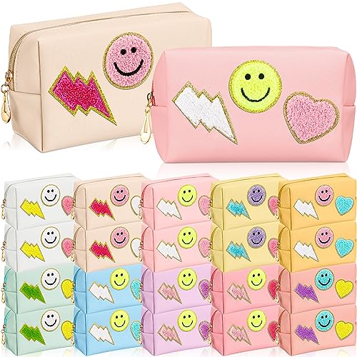 Sanwuta 20 Pcs Preppy Patch Makeup Bag Bulk PU Leather Cosmetic Bags Chenille Letters Organizer Smile Lightning Heart Toiletry Pouch Waterproof Zipper Purse End of the Year Teacher Gifts for Women