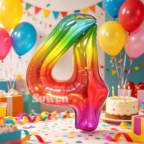 Image of SUWEN Rainbow Number 4 Balloon 40 Inch,Big Colorful Balloons 0-9 | Large Gradient Jelly 4th Helium Foil Mylar Number Multicolor Balloons for Birthday Anniversary Party Decorations