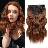 NAYOO 4PCS Clip in Hair Extensions Long Wavy Curly Synthetic Thick Hairpieces Auburn for Women with Fiber Double Weft Hair Full Head（16 Inch, Auburn）