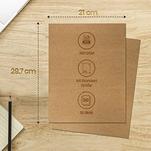 Paper Ease Kraftpapier A4 260g – 21 x 29,7 cm, 50 Stück – Naturkartonpapier im exakten DIN-Format – perfekt zum Bemalen, Bedrucken, Basteln & Vintage Style Hochzeitsgeschenke… (Kraftpapier)