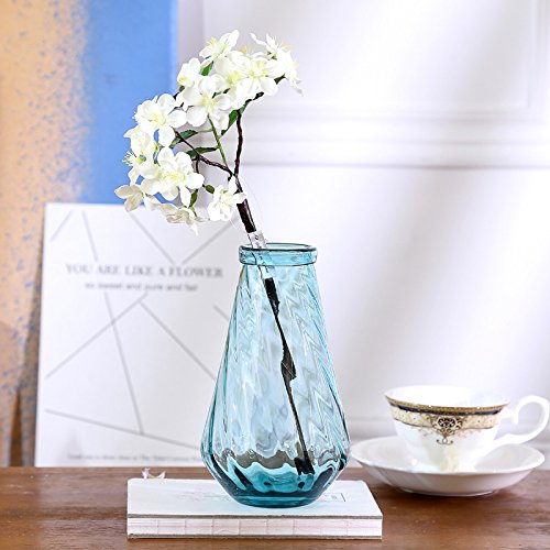 XHOPOS HOME Artificial Flowers Living Room Bedroom European Style White Cherry Blossom Blue Glass Vase Decorative Fake Flowers For Home Party and Garden Decor