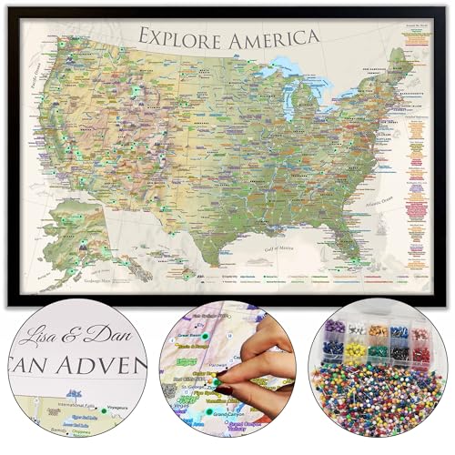 GEOJANGO National Parks Map with Pins and All NPS Sites, Landmarks, Highest Peak by State - Explore America - Framed Push Pin Board Map & Stretched Canvas 36x24 48x32 Inches - Includes 500 Push Pins