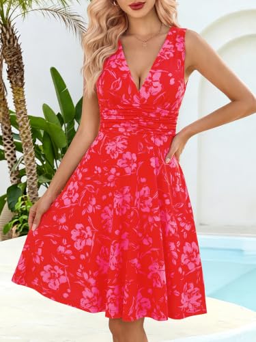 Image of OURIN Women's Spring Deep V Neck Sleeveless Floral Sundresses with Pockets Flowy Summer Dresses for Women