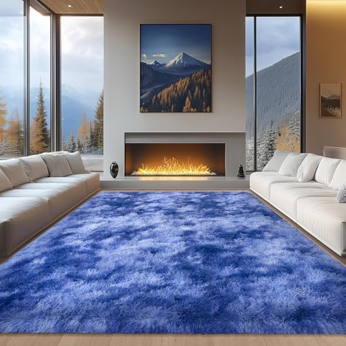 Living Room Rug 9x12, Soft Extra Large Tie Dye Blue Fluffy Shag Rug for Boys Bedroom, Non-Slip Modern Indoor Fuzzy Big Plush Rugs for Kids Room, Dorm, Home Decor