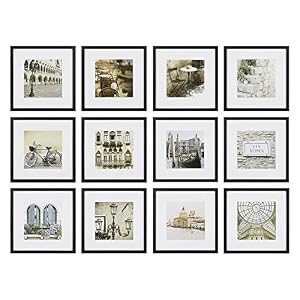Gallery Perfect 12-Piece Black Photo Frame Set with Hanging Template – 12×12 Picture Frame Matted to 8×8 – Gallery Wall Kit