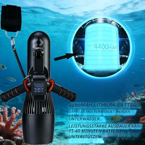 Elektrischer Unterwasser-Scooter, 500 W, 40 m freies Tauchen, Schnorcheln, Seescooter, bürstenloser Motor, 60 Minuten, abnehmbarer Akku, Wasserroller für Pool (4400 mAh)