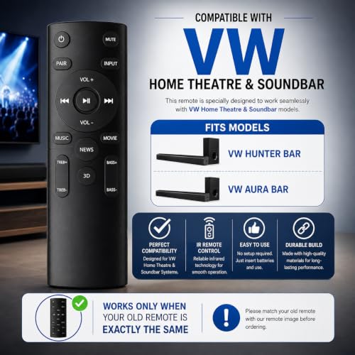 Image of K2 Remotes Compatible for VW Home Theatre & Soundbar Remote - Replacement for VW Hunter Bar & Aura Bar Models | IR Remote Control | Exact Match Required