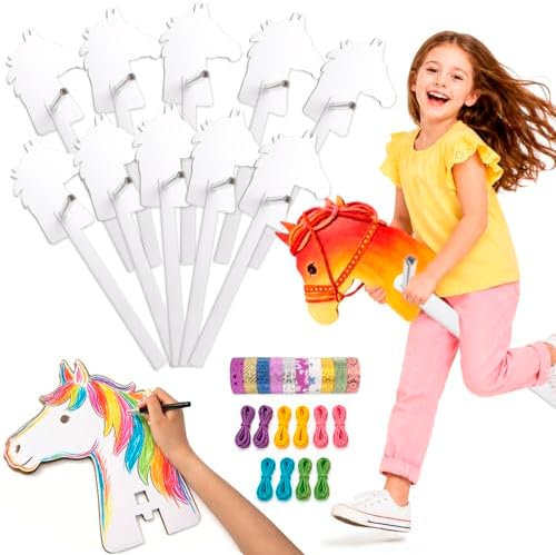 RYJJEEST 10 Stück Steckenpferde Basteln, Steckenpferde aus Pappe (A) | 86 x 30 x 30CM, Pferde Bastelset Kinder Selbstmontage, DIY Bemalen, für Rollenspiele, Reiten, Kinder Party, G