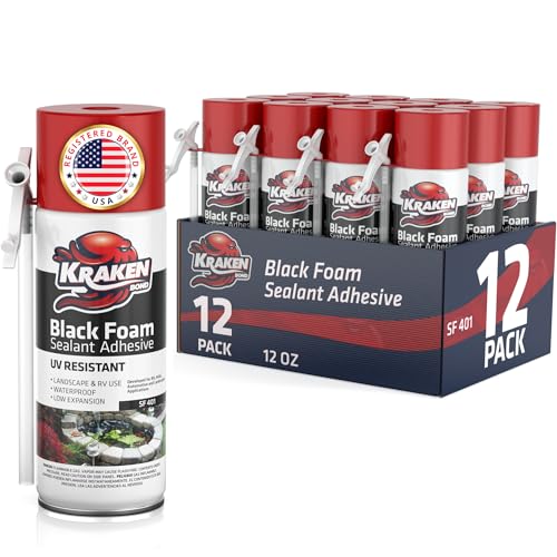 Kraken Bond Black Spray Waterfall Foam Sealant - (12x12oz) Expanding Polyurethane Pond Foam Sealer Black, UV Resistant Insulating Spray for Landscape &amp; Exterior, Straw Use, 12 Pack