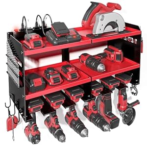 Power Tool Organizer with Charging Station, 6 Drill Holders Wall Mount, Heavy Duty Metal Premium Garage Tool Shelf, Gift for Man Cordless Tool Storage Rack with 4 Outlet Power Strip – Red