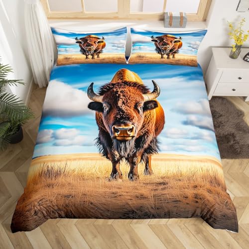Feelyou Cute Buffalo Bedding Set Wild American Bison Duvet Cover King Size Bedroom Decor Ranch North American 3D Wild Animal Comforter Cover Set Brown Bedspread Cover with 2 Pillow Case(No Comforter)