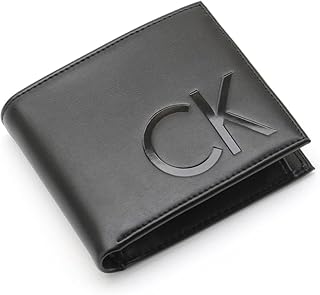 محفظة جلدية ثنائية الطي من سي كيه مع حافظة للعملات المعدنية، نمط شعار منقوش، فتحات متعددة للبطاقات، اسود