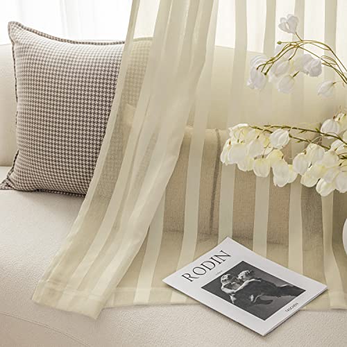 Jinchan Striped Sheer Curtains For Bedroom Living Room Window Treatment Drapes Rod Pocket Sheer Curtains For Window 84 Inch Long 2 Panels Curtain Set Beige #TOP20