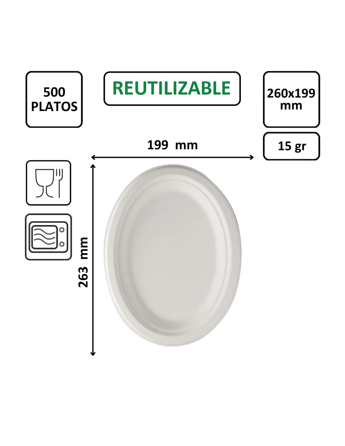 500 uds - Platos de bagazo ovalados 263x199 mm de fibra caña de azúcar - Biodegradables, compostables, ecológicos, desechables y reciclables - Apto para microondas
